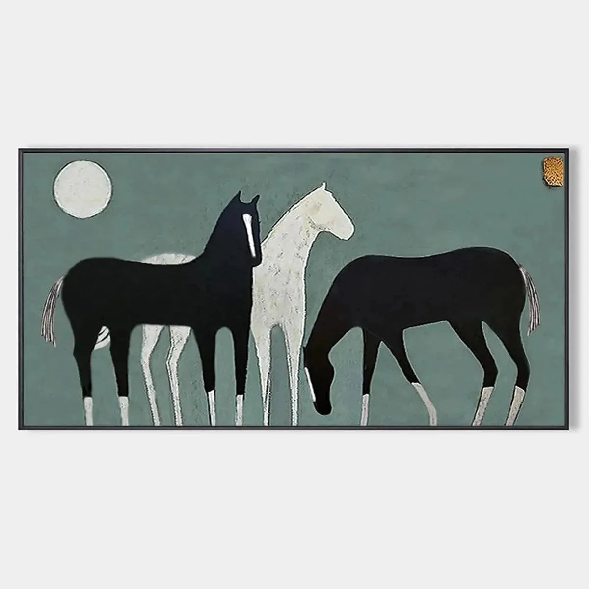 THREE HORSES UNDER THE MOON: Minimalist Horse Painting, Panoramic Wall Art | hanging in living room, Minimalist wall art