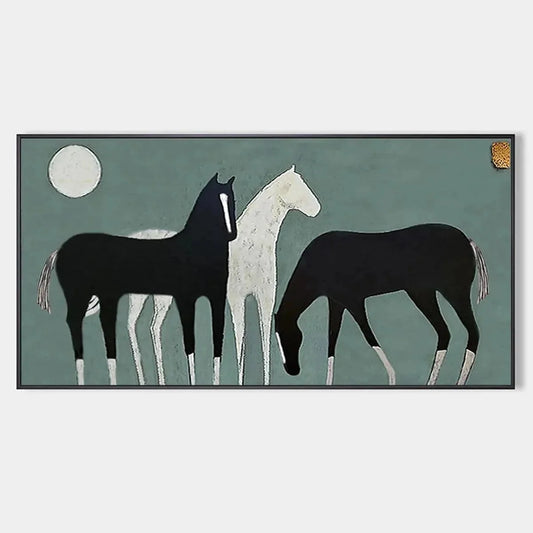 THREE HORSES UNDER THE MOON: Minimalist Horse Painting, Panoramic Wall Art | hanging in living room, Minimalist wall art