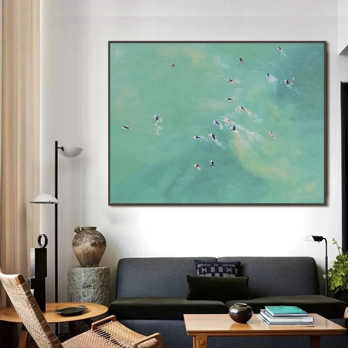 TIDAL CHASE: Aerial Surfer Sports Scene Painting | gold frame stretched on neutral wall