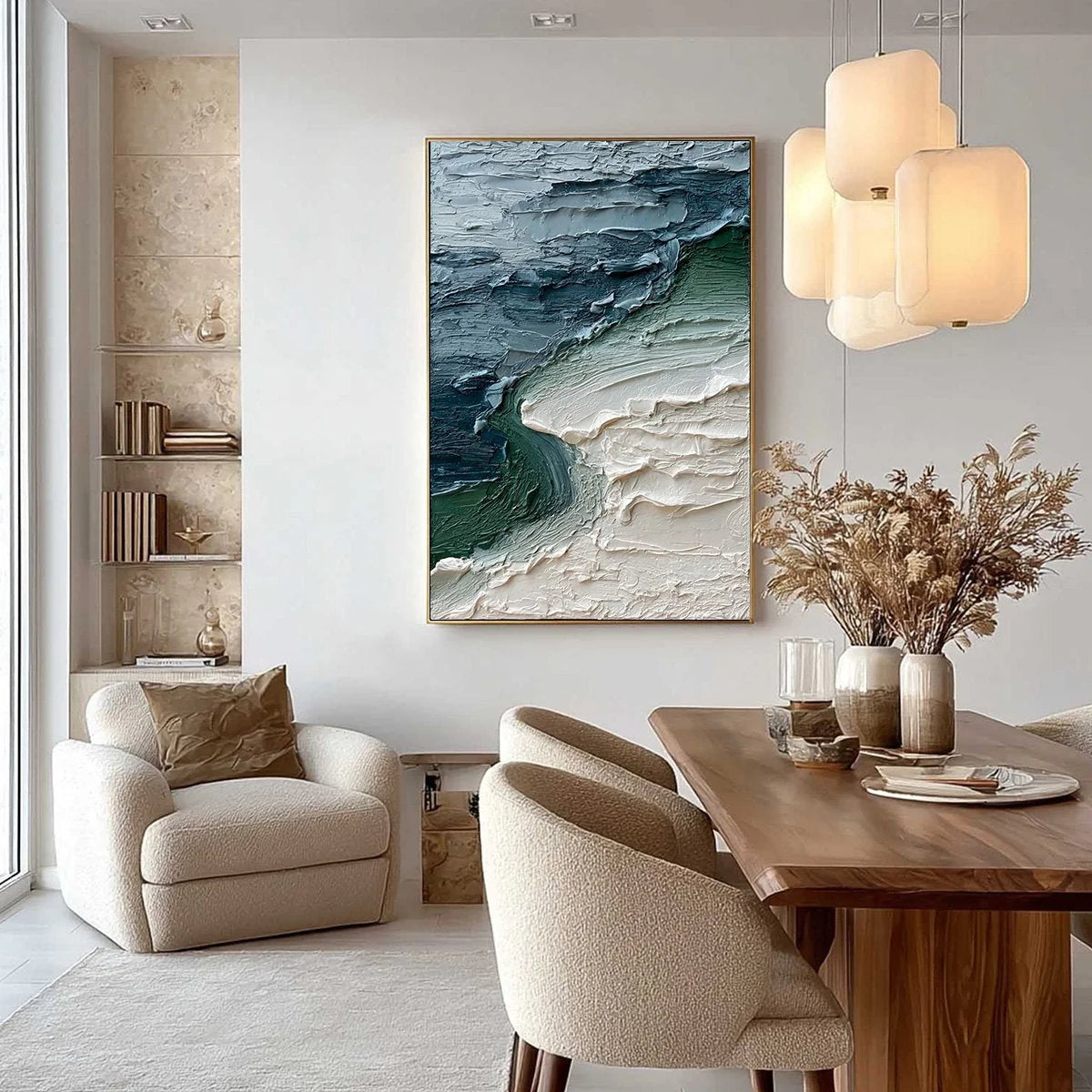 TIDAL CONVERGENCE: Textured Wabi Sabi Abstract Seascape Painting | gold frame stretched on neutral wall