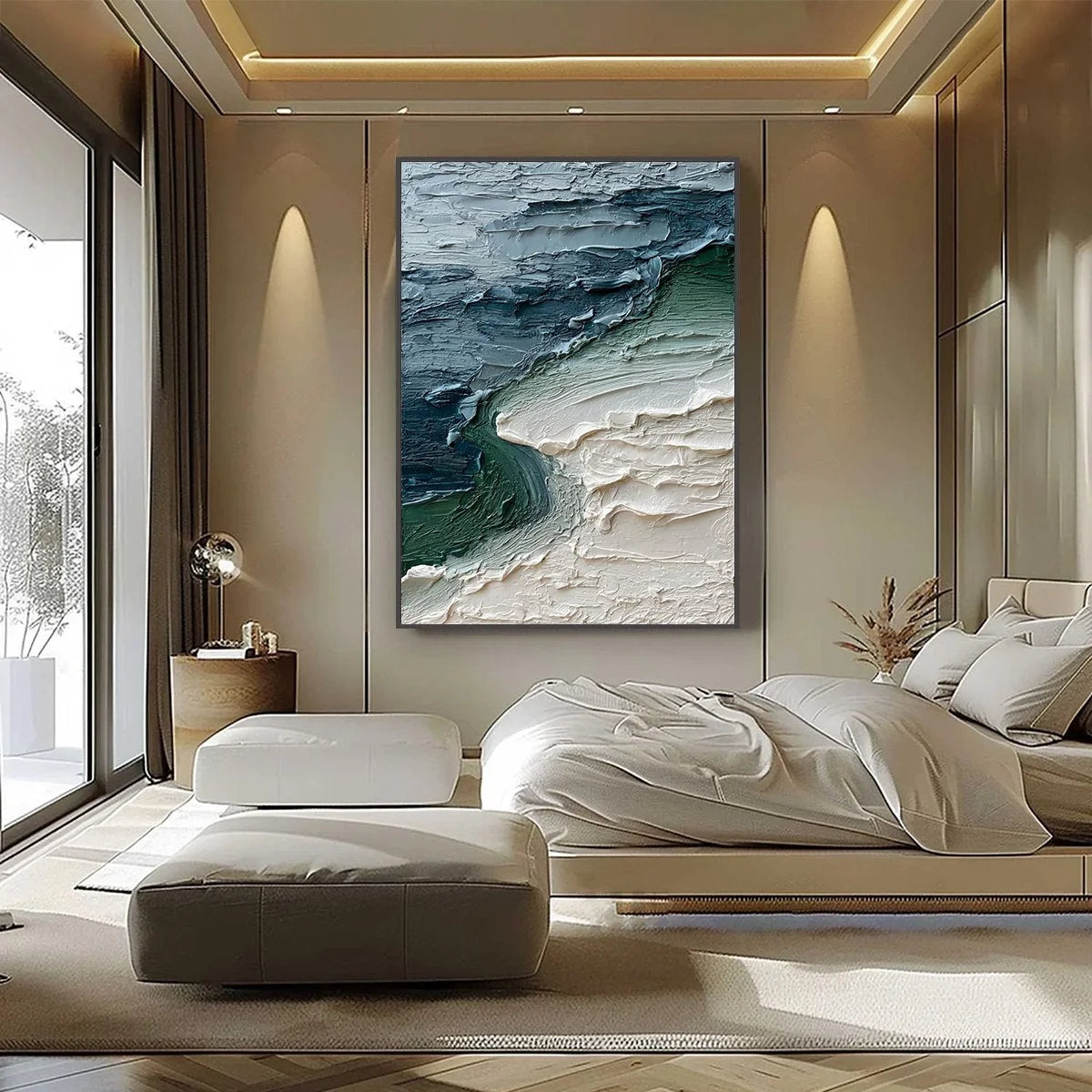 TIDAL CONVERGENCE: Textured Wabi Sabi Abstract Seascape Painting | black frame version on white wall