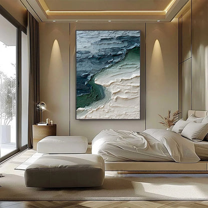 TIDAL CONVERGENCE: Textured Wabi Sabi Abstract Seascape Painting | black frame version on white wall