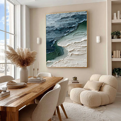 TIDAL CONVERGENCE: Textured Wabi Sabi Abstract Seascape Painting | Abstract mood, soft natural light studio shot