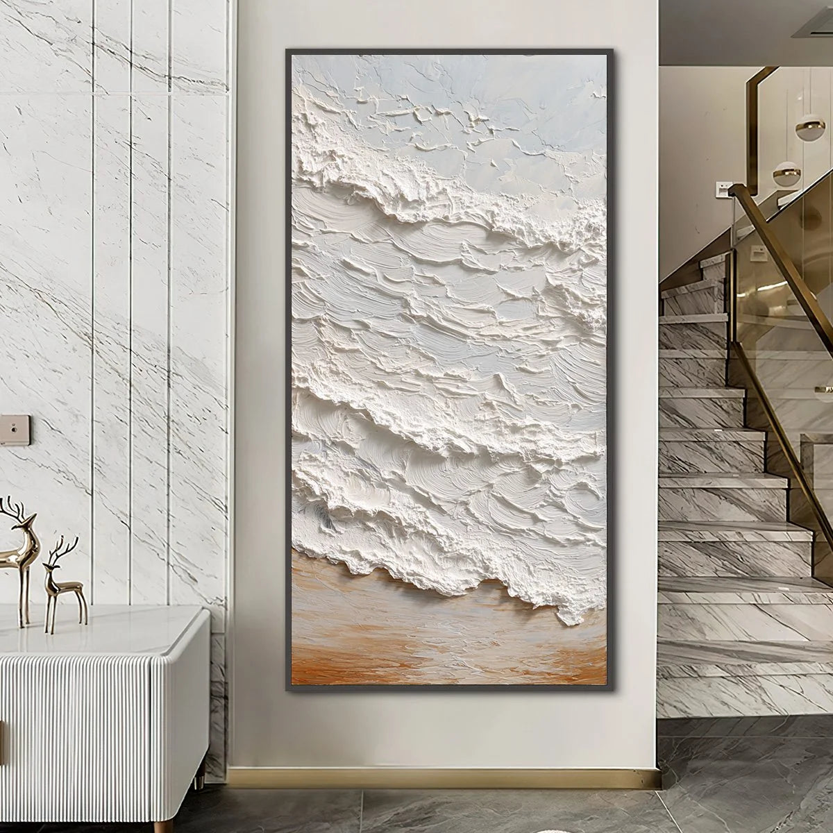 TIDAL CREST: Heavy Texture Impasto Ocean Wave Painting | gold frame stretched on neutral wall