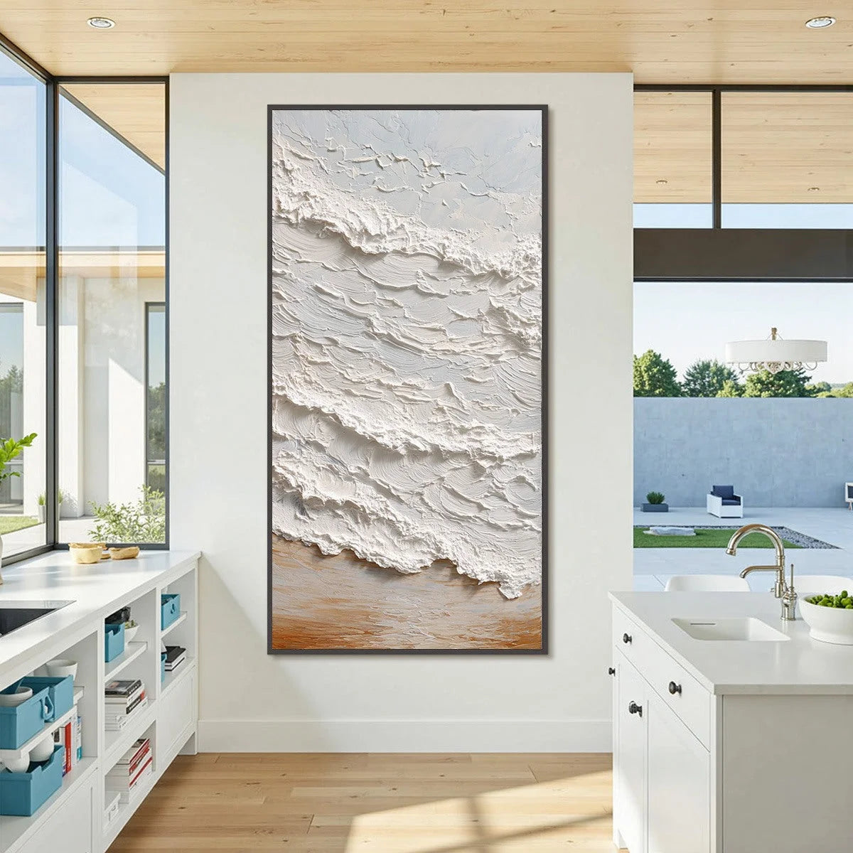TIDAL CREST: Heavy Texture Impasto Ocean Wave Painting | black frame version on white wall