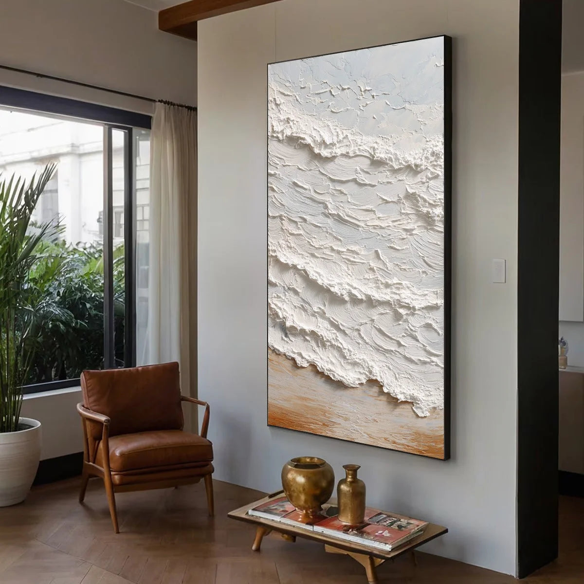 TIDAL CREST: Heavy Texture Impasto Ocean Wave Painting | Abstract mood, soft natural light studio shot