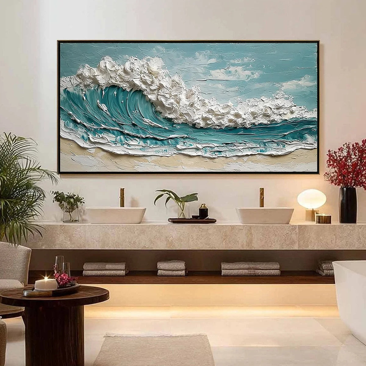 TIDAL CREST: Textured Impasto Ocean Wave Painting | gold frame stretched on neutral wall