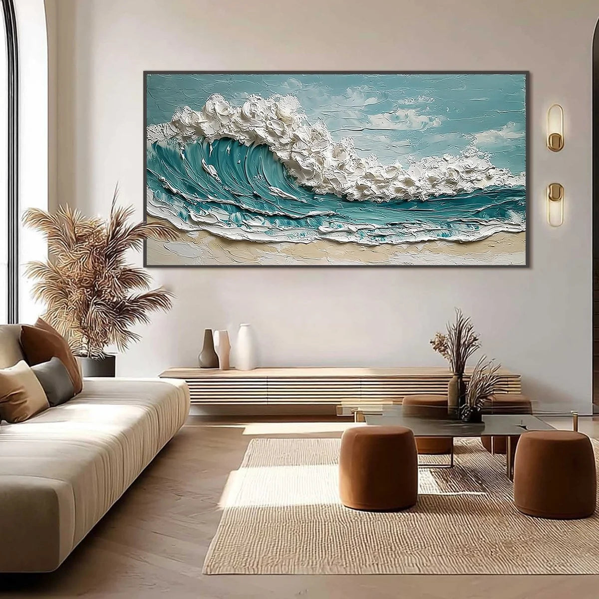 TIDAL CREST: Textured Impasto Ocean Wave Painting | black frame version on white wall