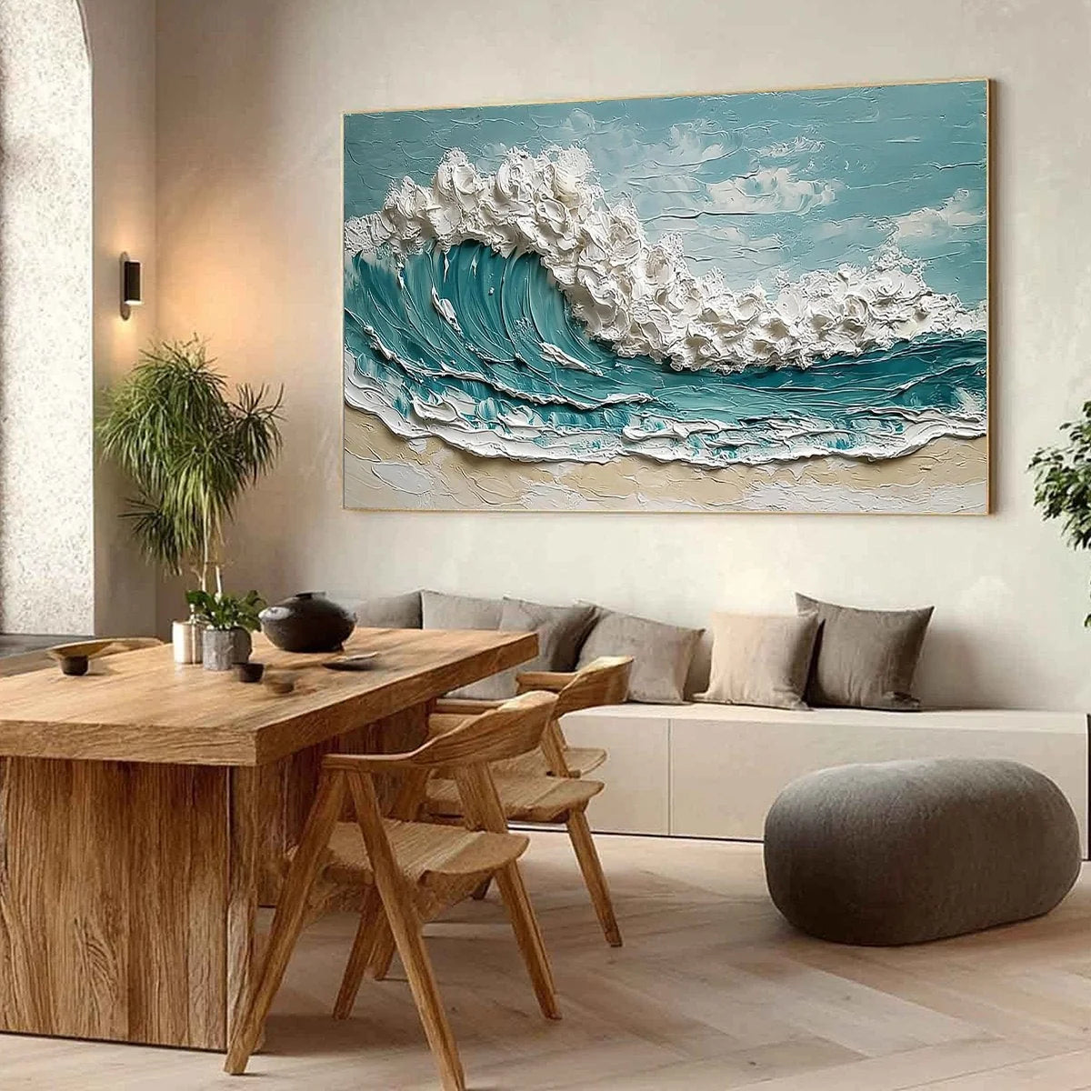 TIDAL CREST: Textured Impasto Ocean Wave Painting | Abstract mood, soft natural light studio shot