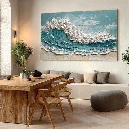 TIDAL CREST: Textured Impasto Ocean Wave Painting | Abstract mood, soft natural light studio shot