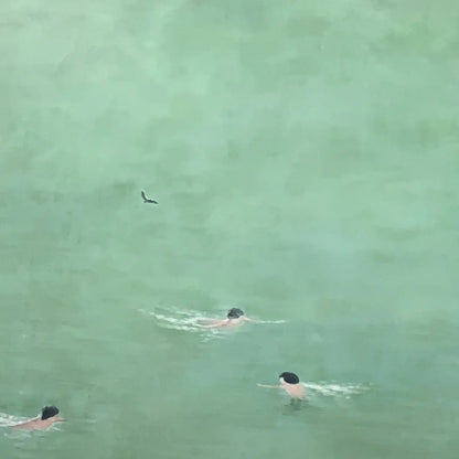 TIDAL GLIDE: Minimalist Swimmer Sports Oil Painting | rectangular format, hand-painted canvas edge