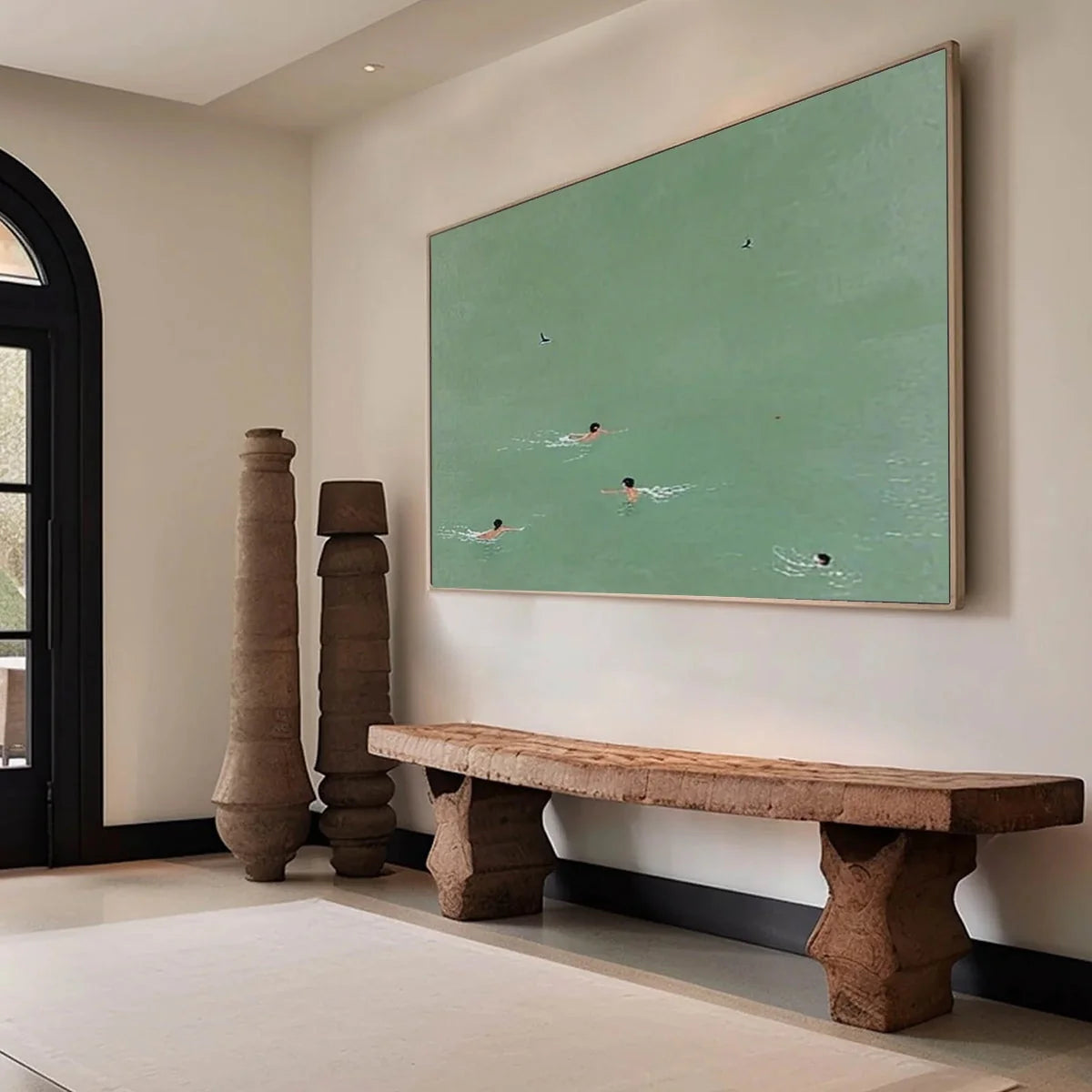 TIDAL GLIDE: Minimalist Swimmer Sports Oil Painting | gold frame stretched on neutral wall