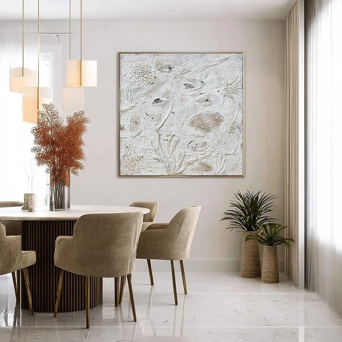 TIDAL RELICS: Textured Wabi Sabi Abstract Ocean Painting | gold frame stretched on neutral wall