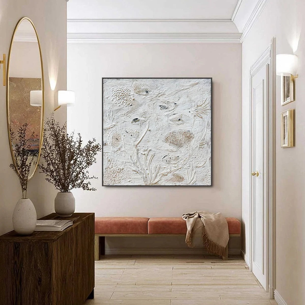 TIDAL RELICS: Textured Wabi Sabi Abstract Ocean Painting | black frame version on white wall