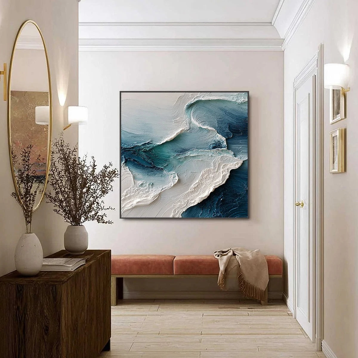 TIDAL RHYTHM: Wabi Sabi Textured Abstract Ocean Wave Painting | gold frame stretched on neutral wall