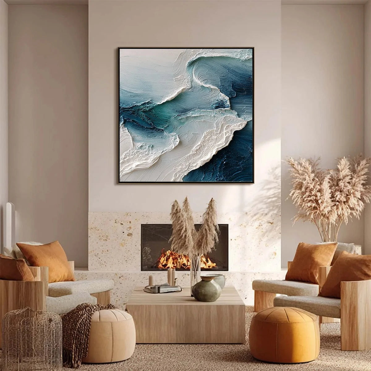 TIDAL RHYTHM: Wabi Sabi Textured Abstract Ocean Wave Painting | black frame version on white wall