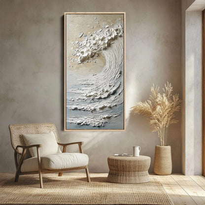 TIDAL SERENITY: Textured Wabi Sabi Ocean Wave Painting | Abstract closeup, raised brushwork detail