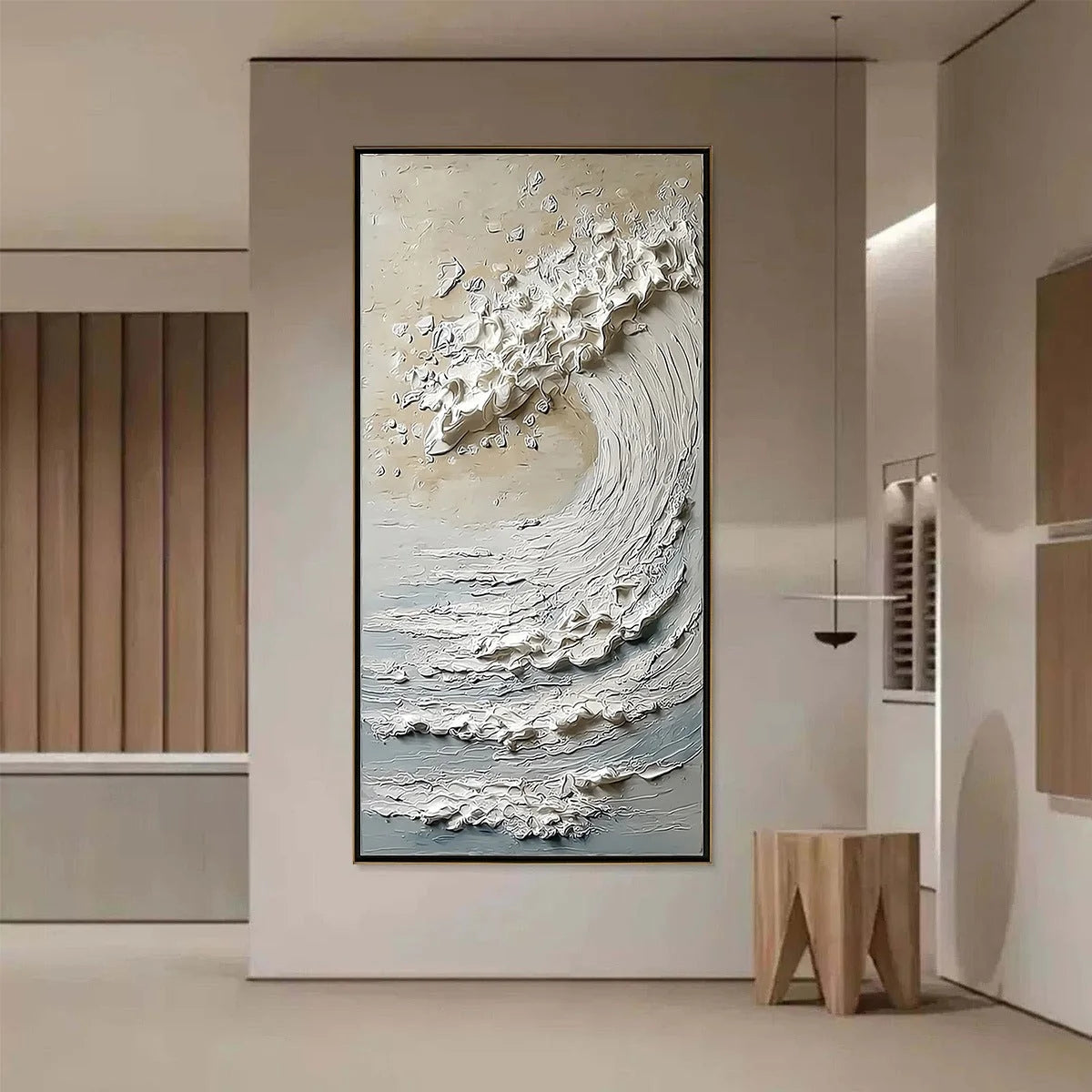 TIDAL SERENITY: Textured Wabi Sabi Ocean Wave Painting | gold frame stretched on neutral wall