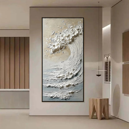 TIDAL SERENITY: Textured Wabi Sabi Ocean Wave Painting | gold frame stretched on neutral wall