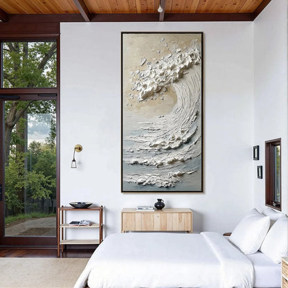 TIDAL SERENITY: Textured Wabi Sabi Ocean Wave Painting | black frame version on white wall