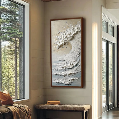TIDAL SERENITY: Textured Wabi Sabi Ocean Wave Painting | Abstract mood, soft natural light studio shot