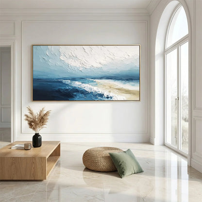 TIDAL WHISPER: Textured Impasto Coastal Seascape Oil Painting | gold frame stretched on neutral wall