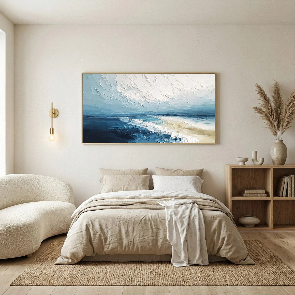 TIDAL WHISPER: Textured Impasto Coastal Seascape Oil Painting | black frame version on white wall