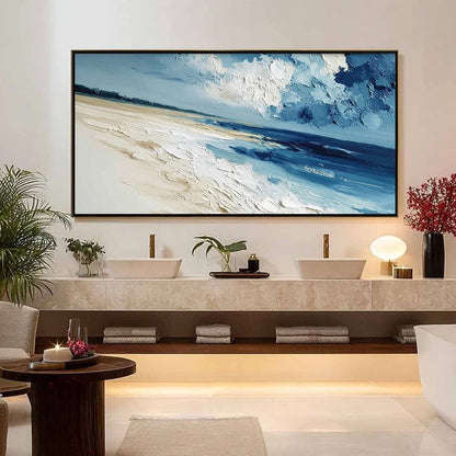 TIDAL WHISPER: Textured Impasto Seascape Oil Painting for Coastal Decor | gold frame stretched on neutral wall