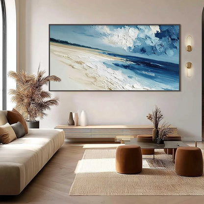 TIDAL WHISPER: Textured Impasto Seascape Oil Painting for Coastal Decor | black frame version on white wall