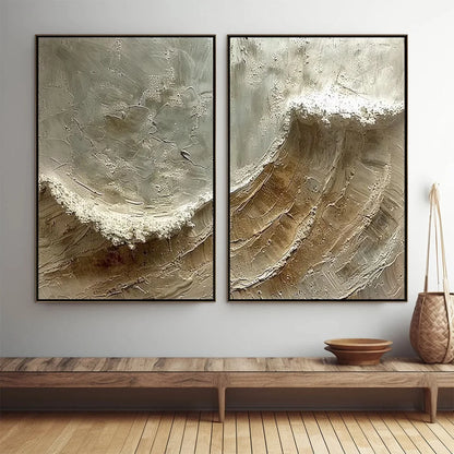 TIDAL WHISPER: Textured Wabi Sabi Coastal Diptych Oil Painting | Abstract closeup, raised brushwork detail