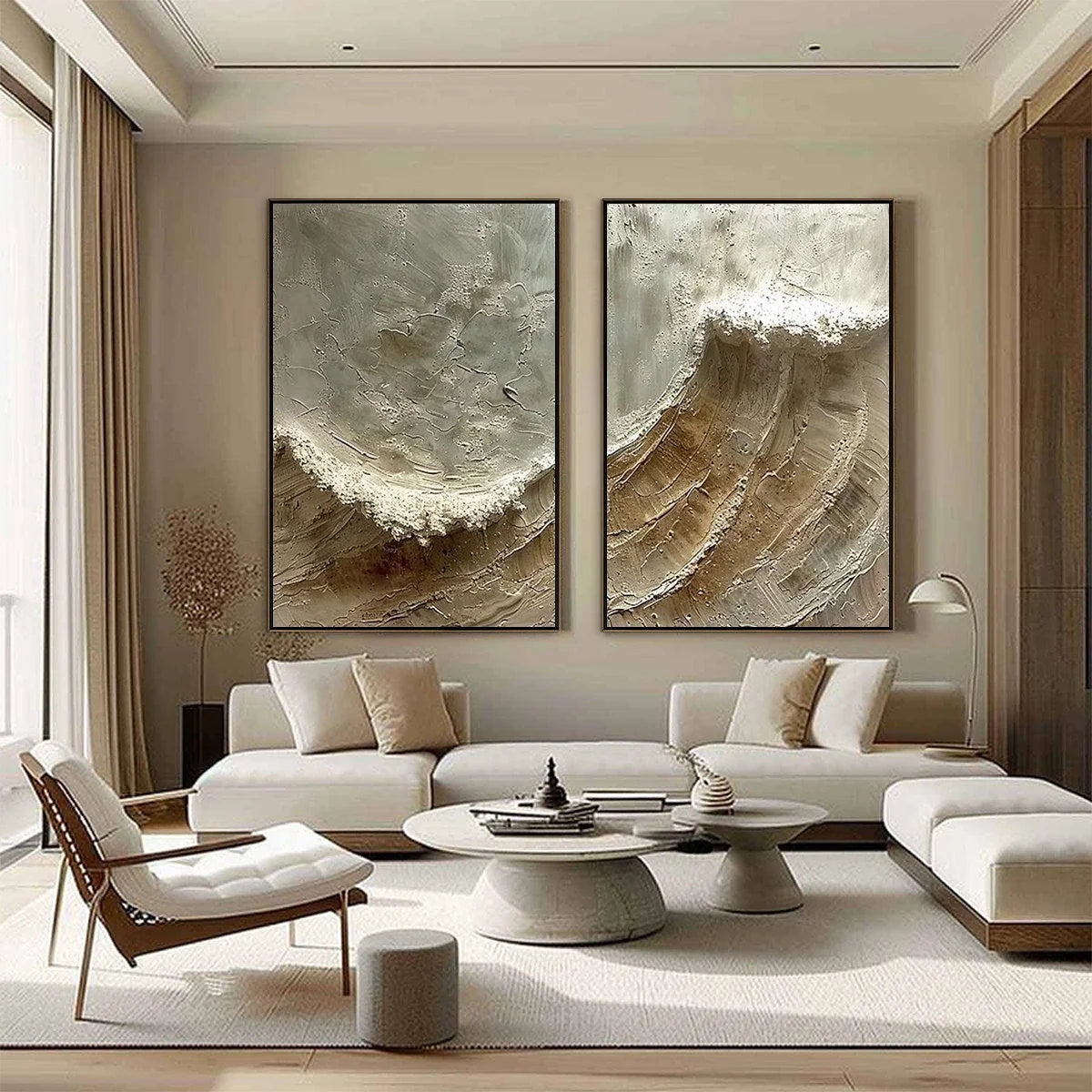 TIDAL WHISPER: Textured Wabi Sabi Coastal Diptych Oil Painting | gold frame stretched on neutral wall