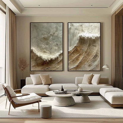 TIDAL WHISPER: Textured Wabi Sabi Coastal Diptych Oil Painting | gold frame stretched on neutral wall