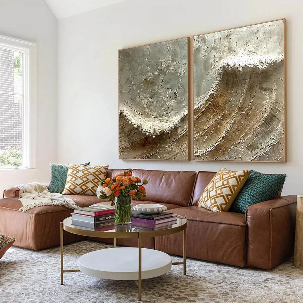 TIDAL WHISPER: Textured Wabi Sabi Coastal Diptych Oil Painting | black frame version on white wall
