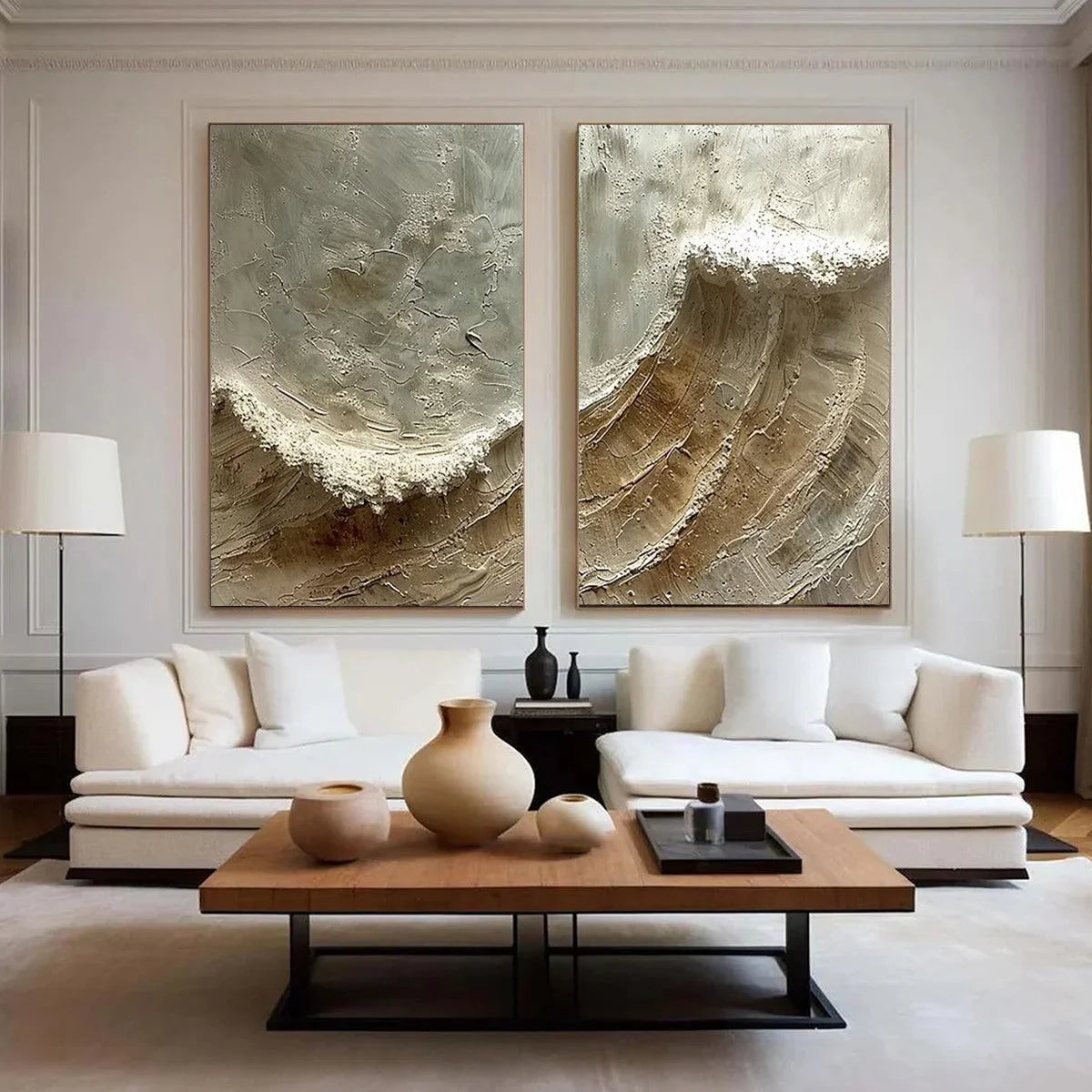 TIDAL WHISPER: Textured Wabi Sabi Coastal Diptych Oil Painting | Abstract mood, soft natural light studio shot