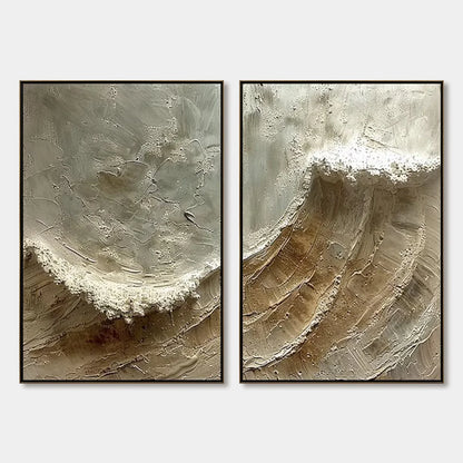 TIDAL WHISPER: Textured Wabi Sabi Coastal Diptych Oil Painting | hanging in living room, Abstract wall art