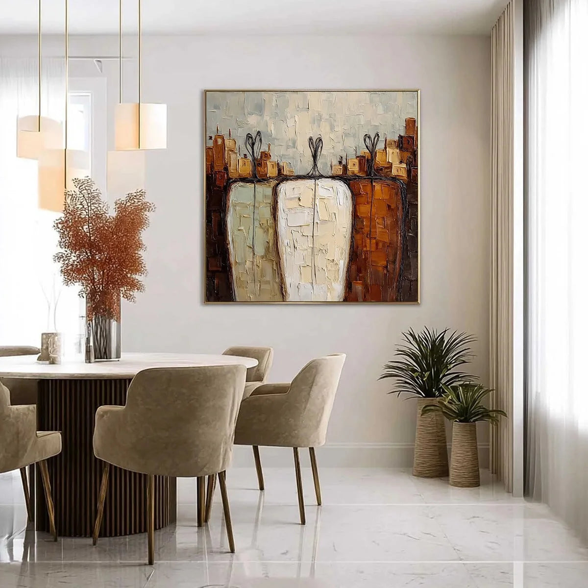 TOGETHER: Textured Impasto Abstract Figurative Painting | gold frame stretched on neutral wall