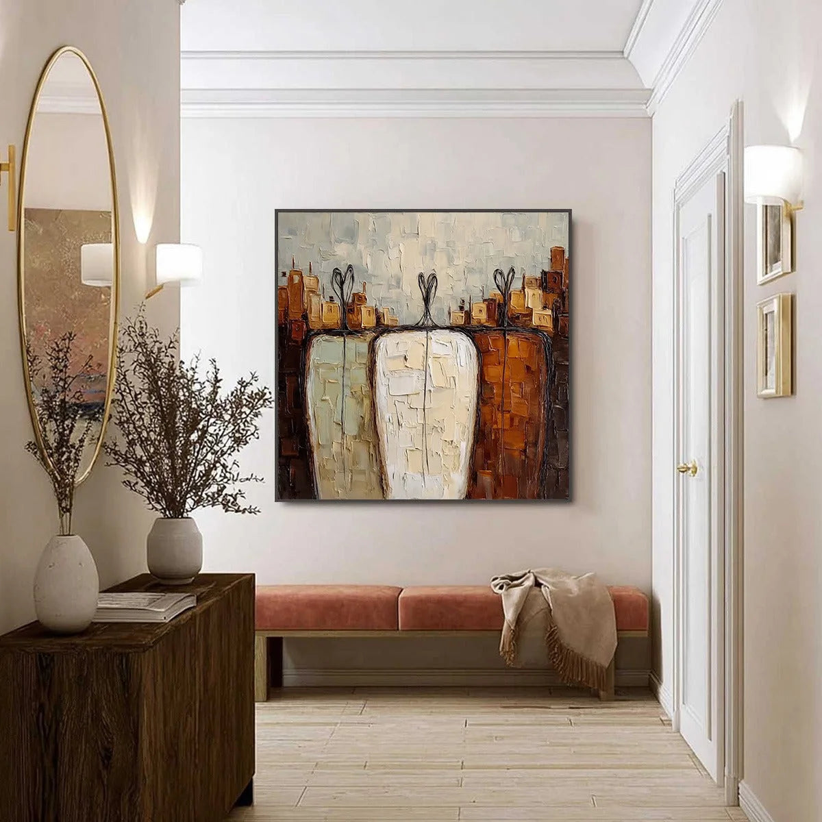 TOGETHER: Textured Impasto Abstract Figurative Painting | black frame version on white wall