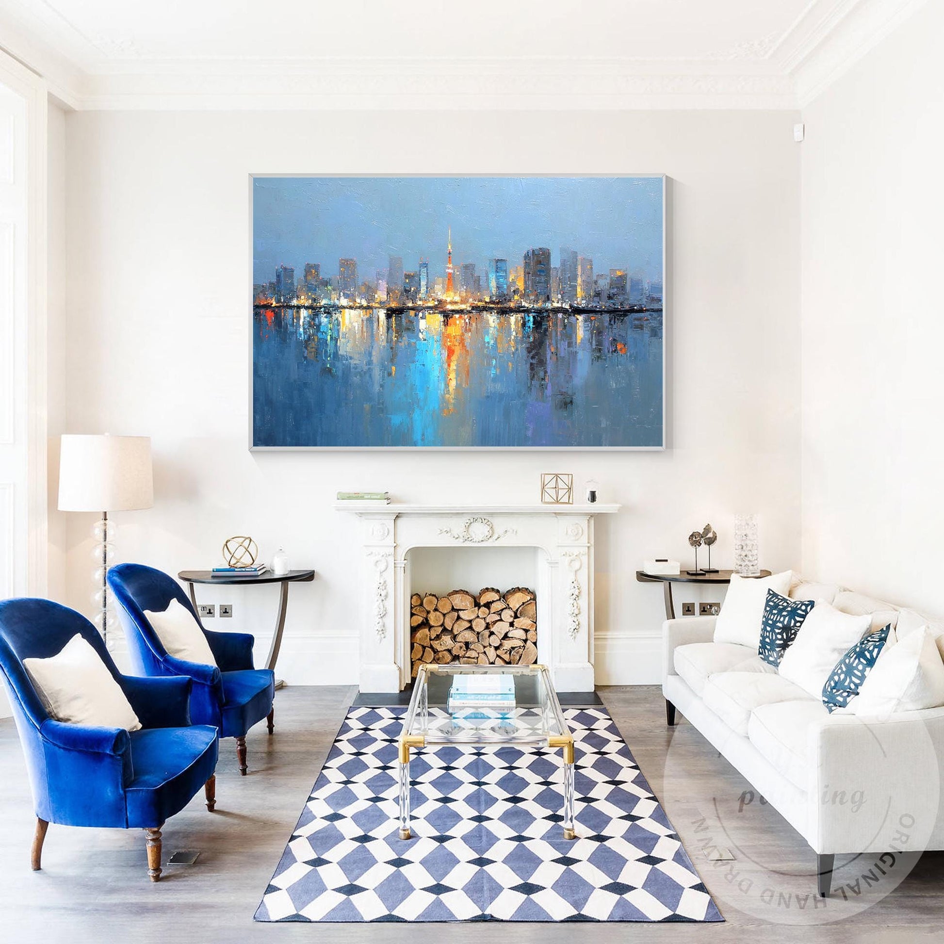 Tokyo City Skyline Painting, Large Horizontal Abstract Cityscape, Oversized Mode #2
