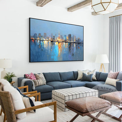 Tokyo City Skyline Painting, Large Horizontal Abstract Cityscape, Oversized Mode #3