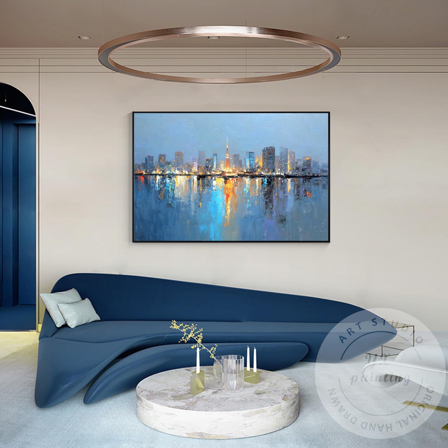 Tokyo City Skyline Painting, Large Horizontal Abstract Cityscape, Oversized Mode #4