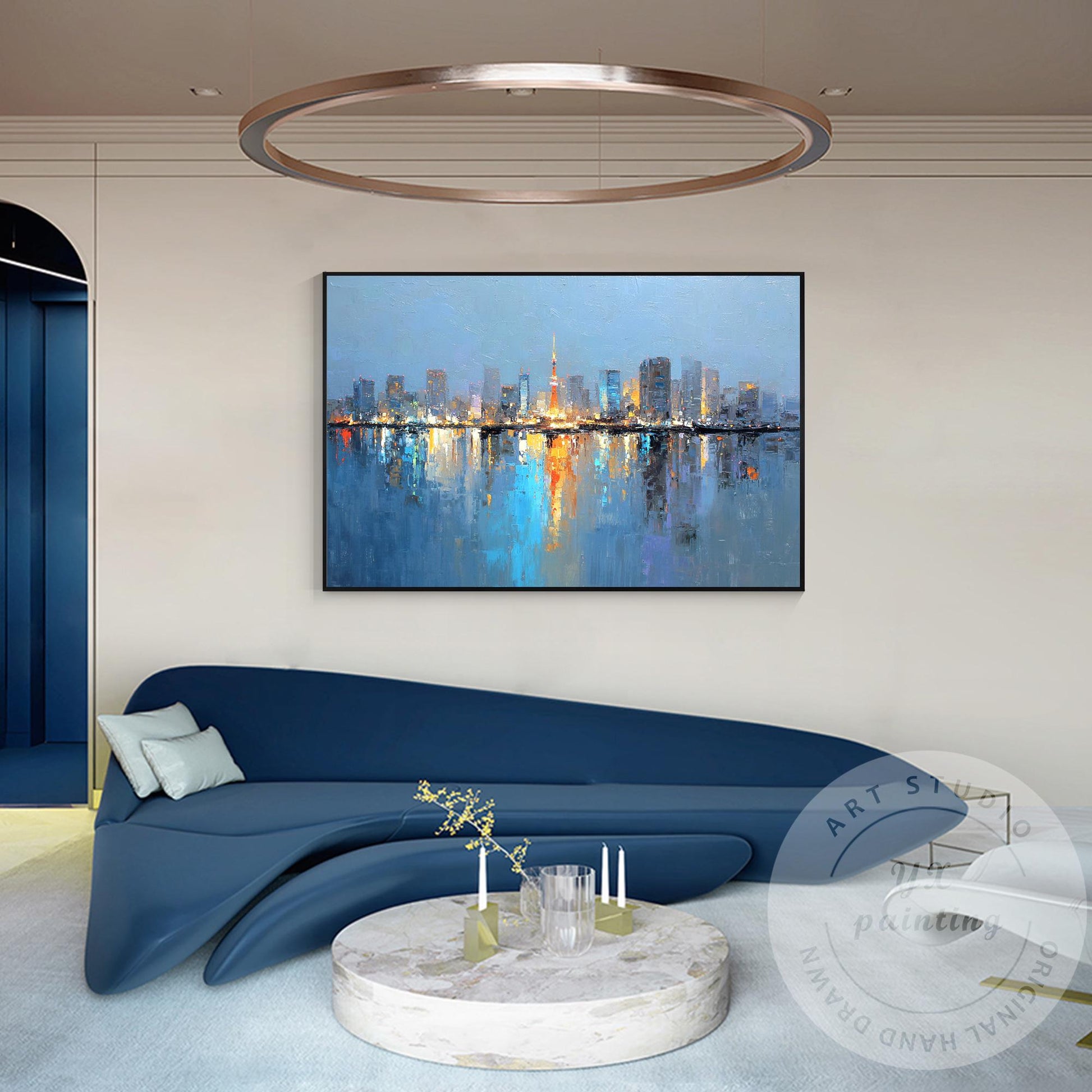 Tokyo City Skyline Painting, Large Horizontal Abstract Cityscape, Oversized Mode #4