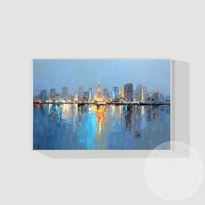 Tokyo City Skyline Painting, Large Horizontal Abstract Cityscape, Oversized Mode #10