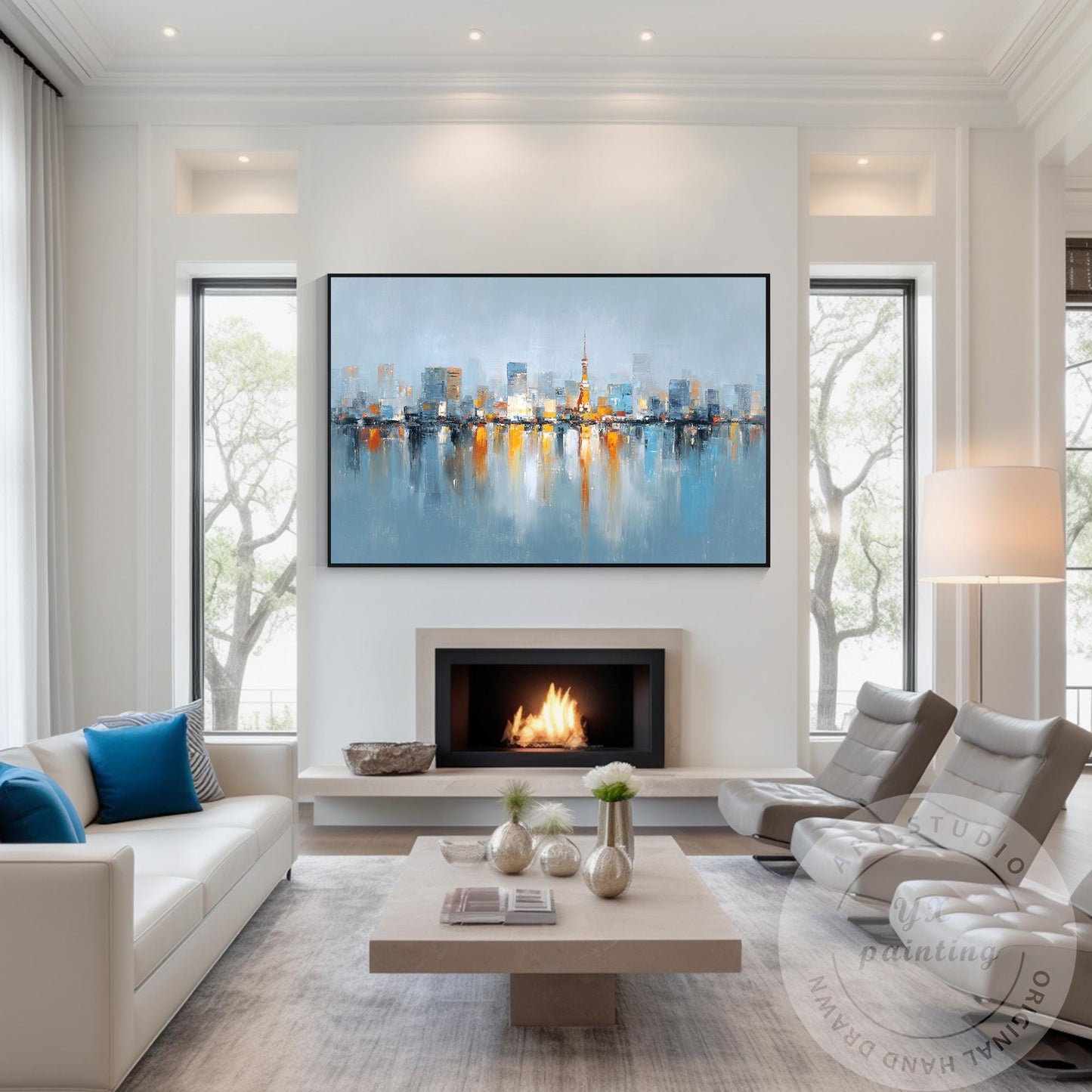 Tokyo Skyline Wall Art, Extra Large Horizontal Abstract Painting, Modern City Re #2