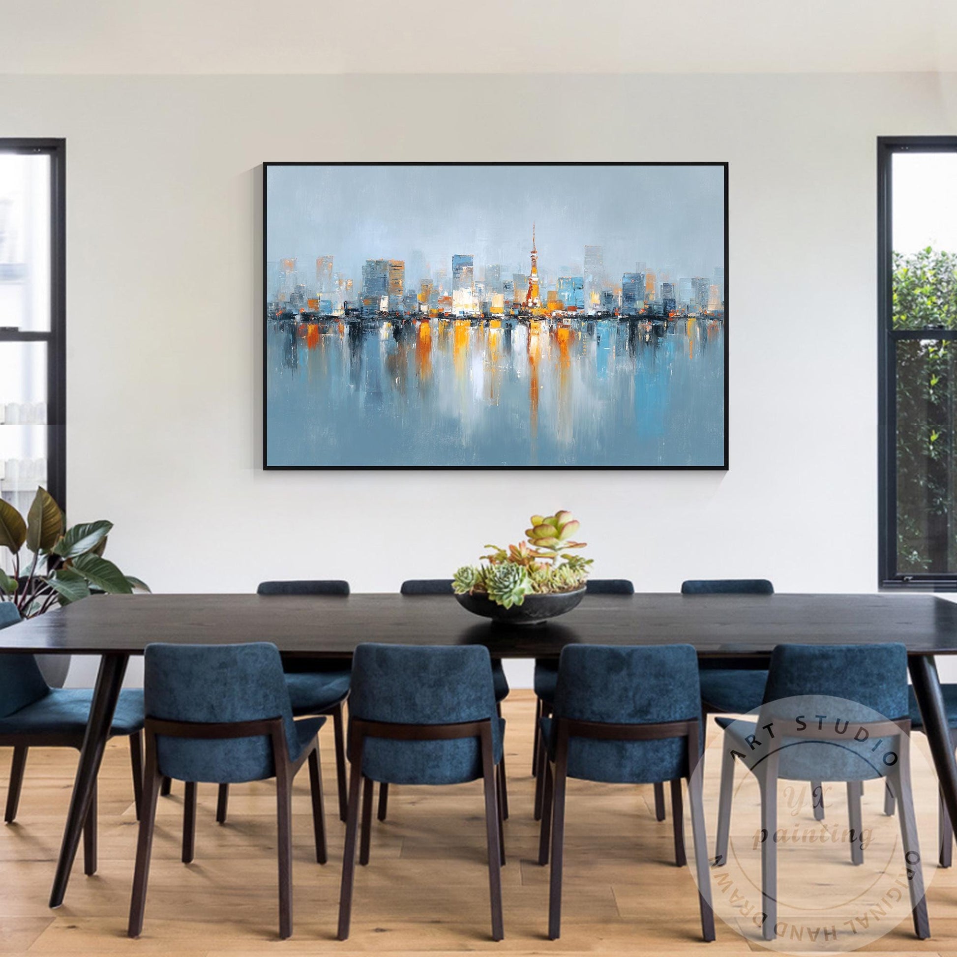 Tokyo Skyline Wall Art, Extra Large Horizontal Abstract Painting, Modern City Re #3