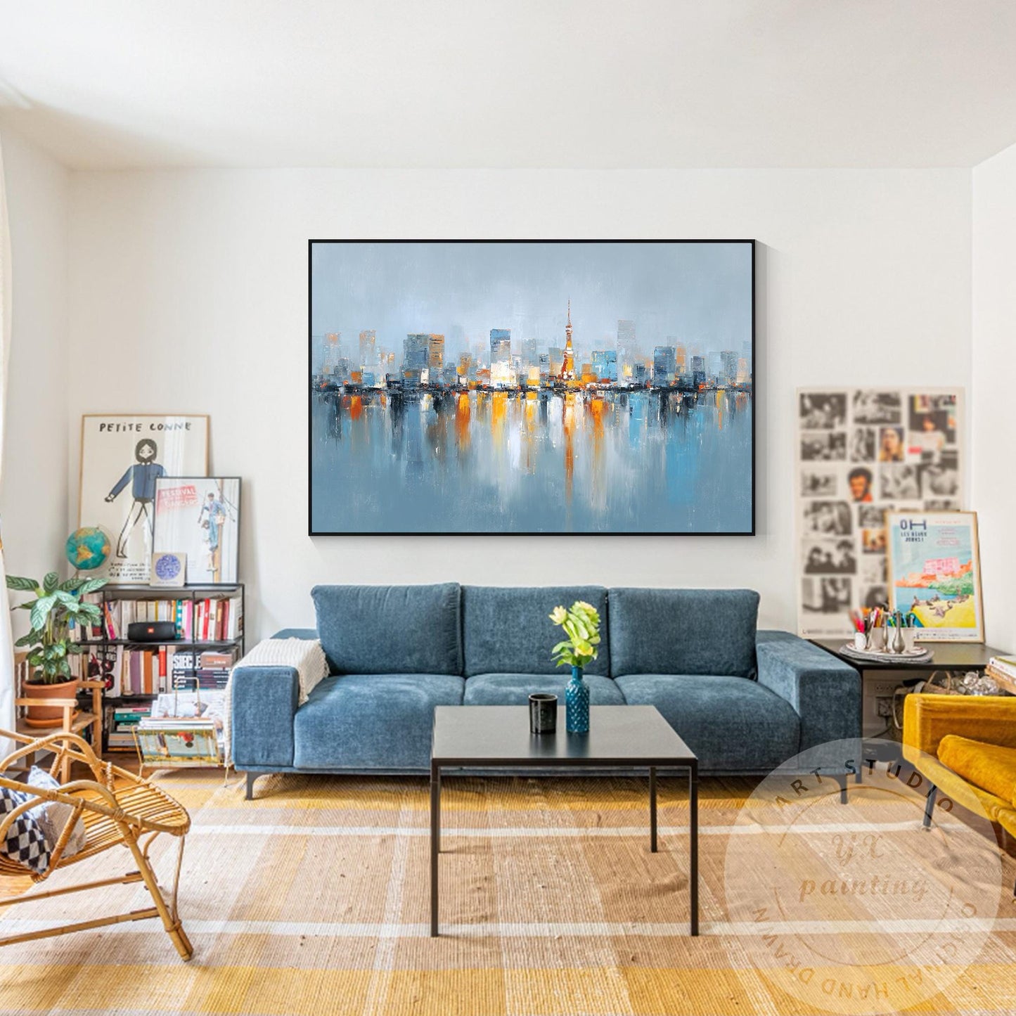 Tokyo Skyline Wall Art, Extra Large Horizontal Abstract Painting, Modern City Re #4