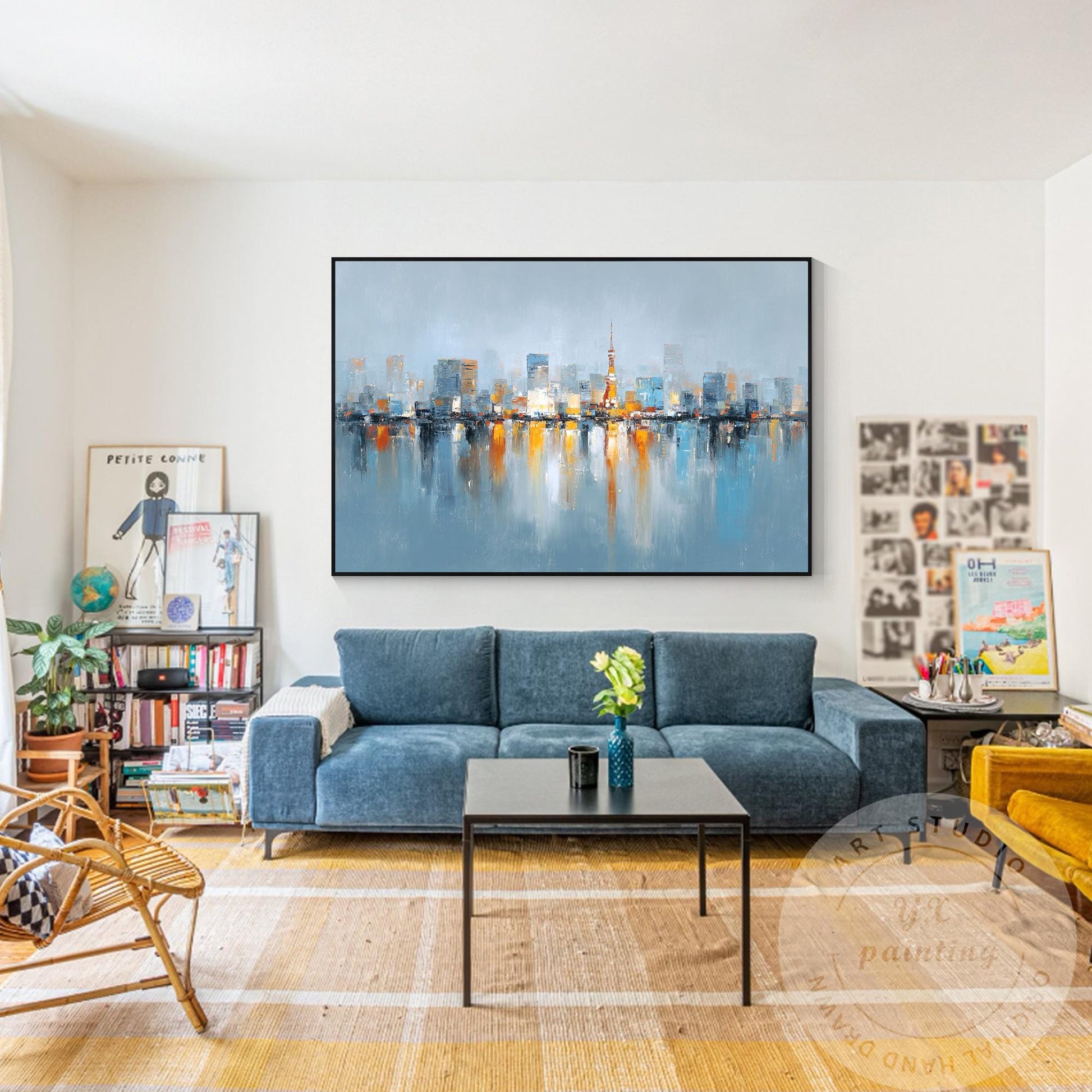 Tokyo Skyline Wall Art, Extra Large Horizontal Abstract Painting, Modern City Re #4