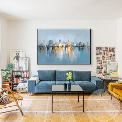 Tokyo Skyline Wall Art, Extra Large Horizontal Abstract Painting, Modern City Re #4