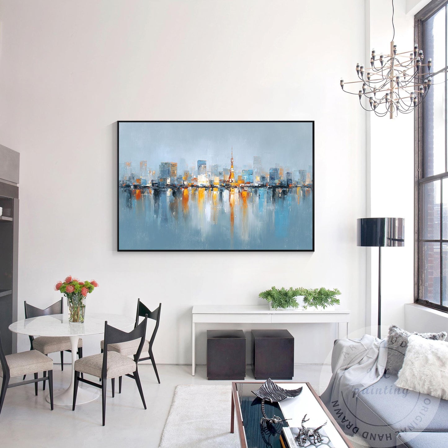 Tokyo Skyline Wall Art, Extra Large Horizontal Abstract Painting, Modern City Re #5