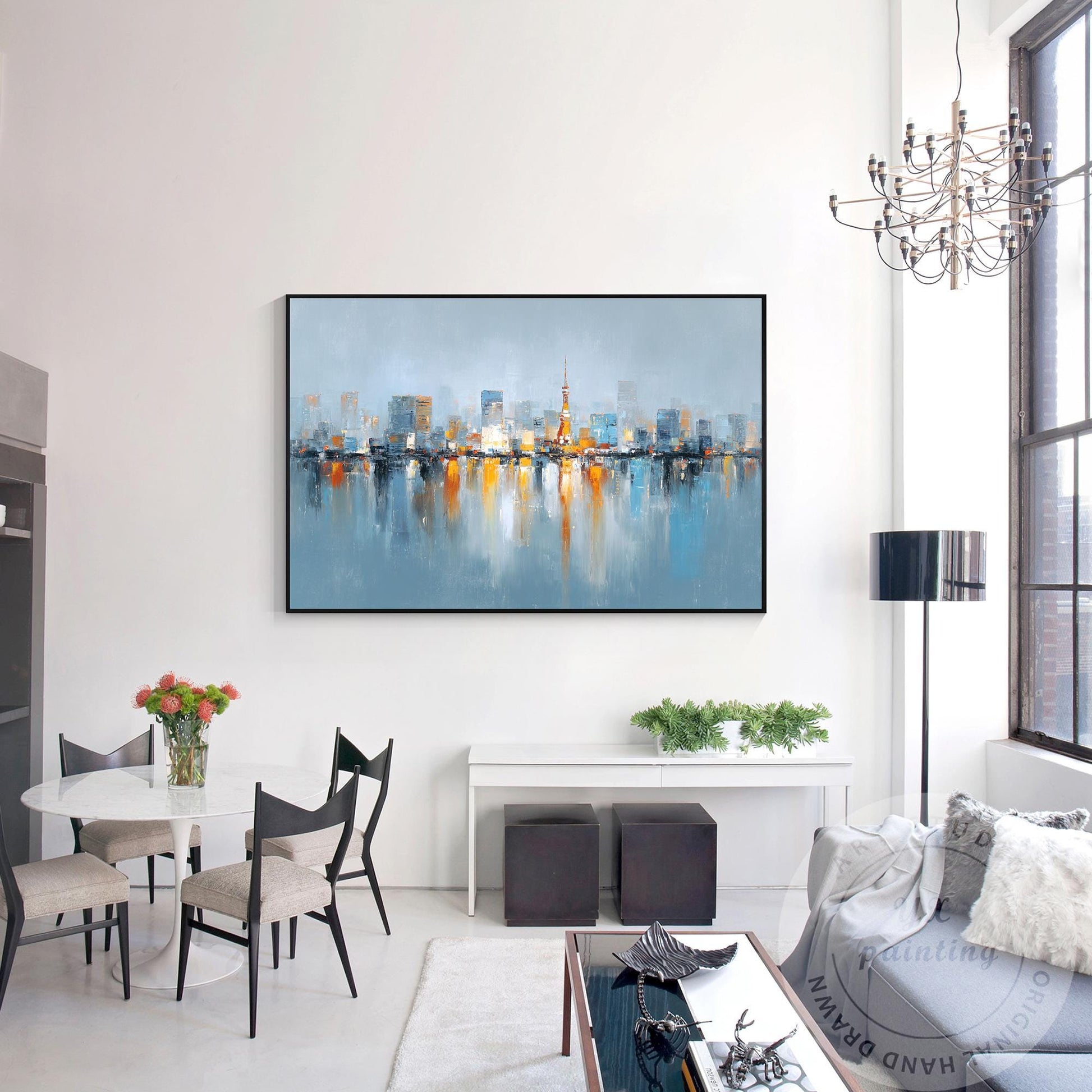Tokyo Skyline Wall Art, Extra Large Horizontal Abstract Painting, Modern City Re #5
