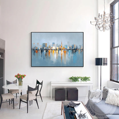 Tokyo Skyline Wall Art, Extra Large Horizontal Abstract Painting, Modern City Re #5